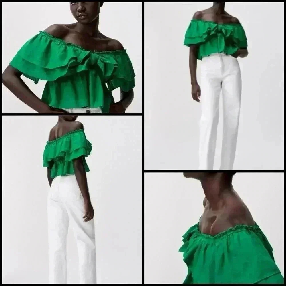 Zara Green Flutter Sleeve Ruffled Crop Top